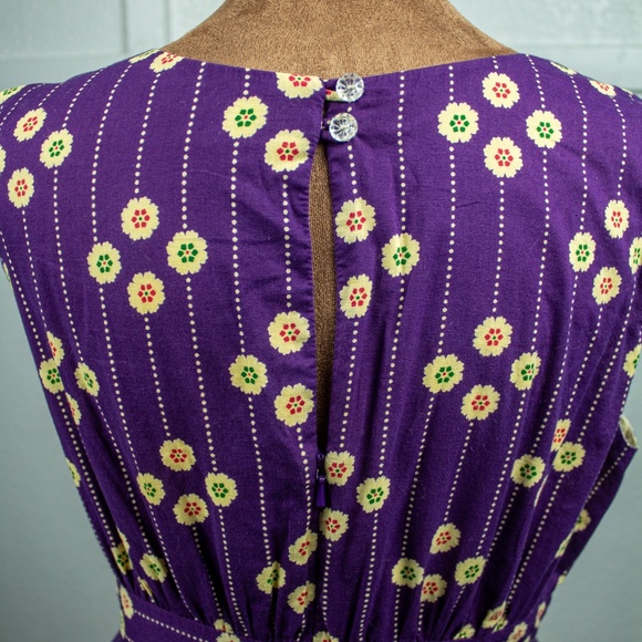 Emily & Fin Purple Floral Cotton Fit & Flare Dress M Lined Pockets Keyhole Back - Picture 5 of 10